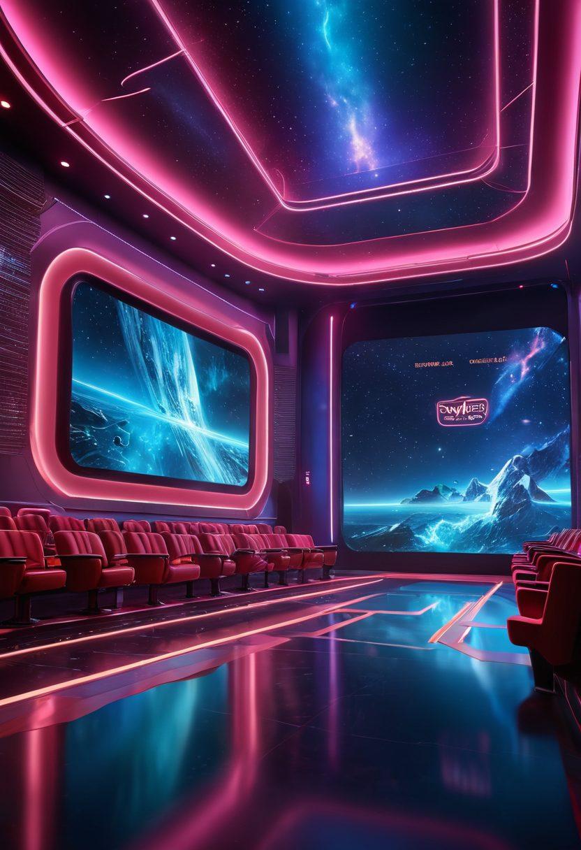 A vibrant cinematic scene showcasing a futuristic movie theater with immersive technology, featuring holographic displays and diverse audience members engaged with the film. Incorporate a classic film reel morphing into digital, abstract shapes, symbolizing the evolution of storytelling. Use bright neon colors and dynamic lighting to create an energetic atmosphere. 3D rendering. vibrant colors.