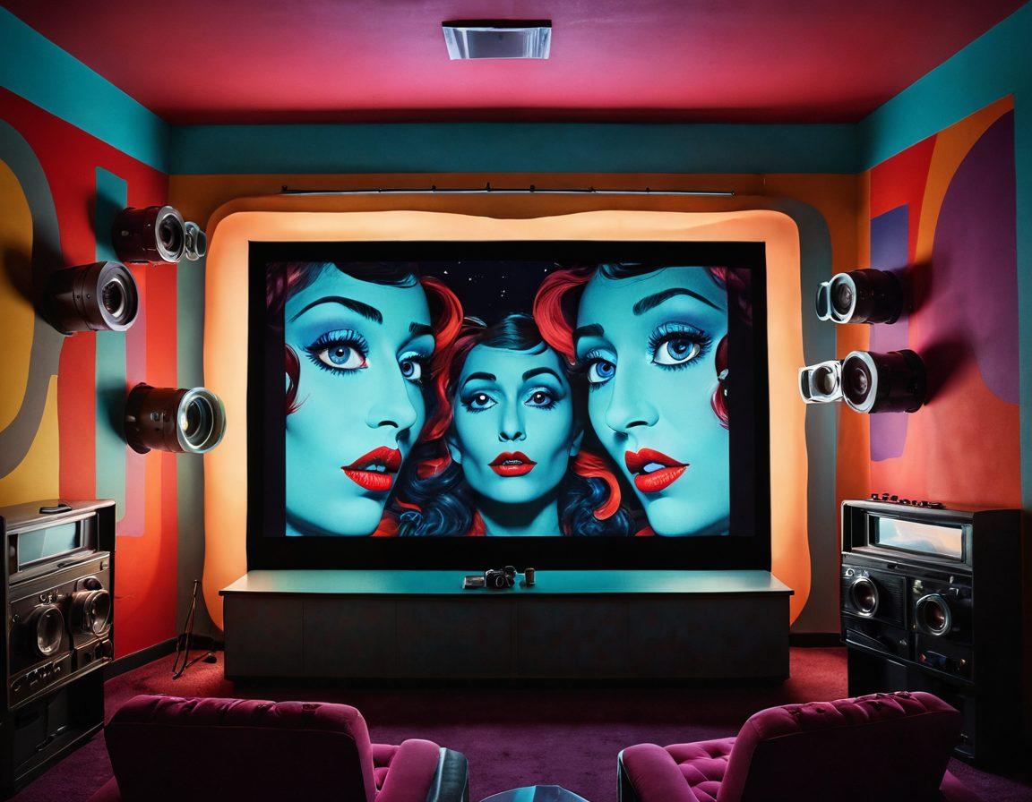 A surreal film reel unwinding, featuring distorted faces and abstract shapes representing unconventional cinema. In the background, a whimsical projection screen displaying vibrant, dream-like scenes, showcasing creativity and critique. Include elements like film cameras, vintage projectors, and colorful film strips swirling around. The color palette should be rich and eclectic, inviting viewers into the world of bent cinema. vibrant colors. surrealism. dynamic composition.