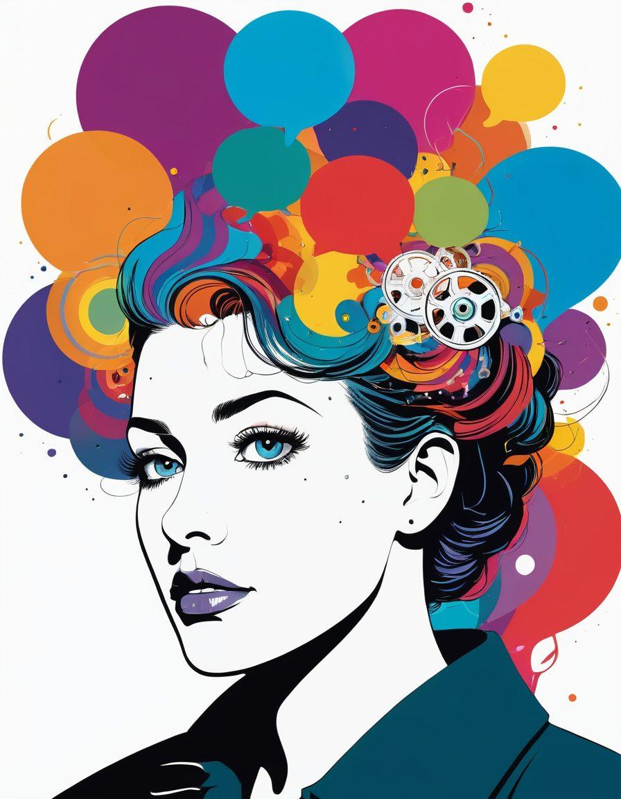 A film reel unraveling into a spectrum of colorful perspectives featuring unique characters analyzing a cinematic scene, with thought bubbles depicting critiques and positive reflections swirling around. Vibrant colors. Surreal art style. White background.